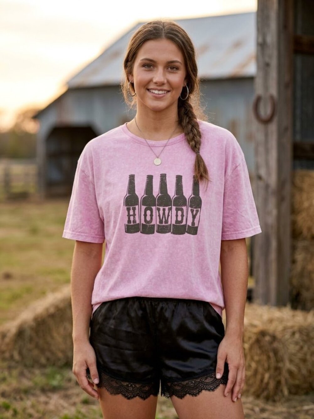 Zutter Howdy Bottle Graphic T-Shirt Pink Mineral Wash Large Oversized Tee